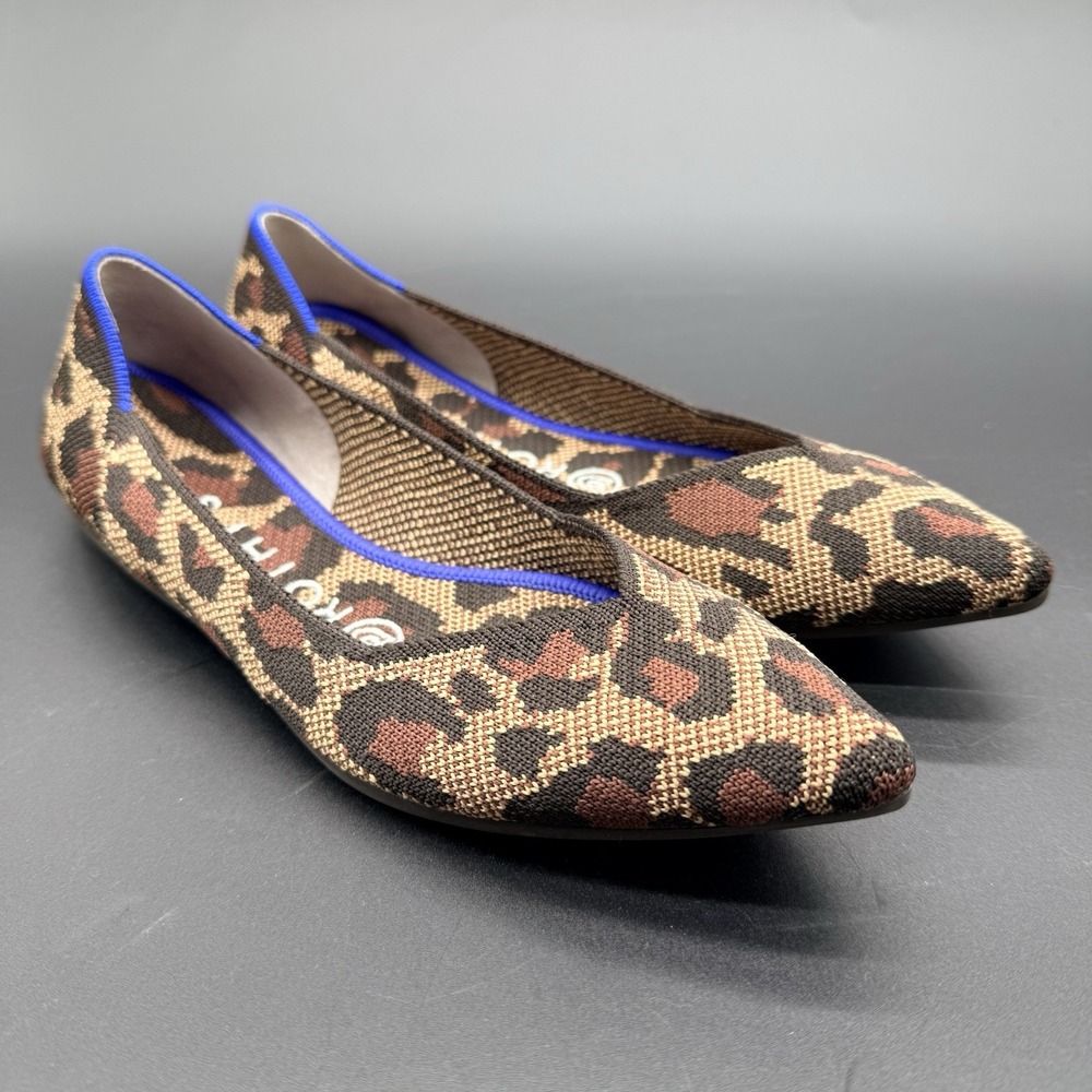 Rothy's The Point Flats Women's 6.5 Leopard Animal Print Brown Blue Pointed Toe